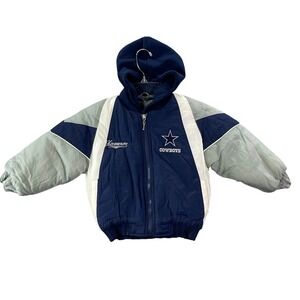 NFL Dallas Cowboys Puffer Jacket Kids 8/10 Blue Vintage Hooded Star Mighty-Mac